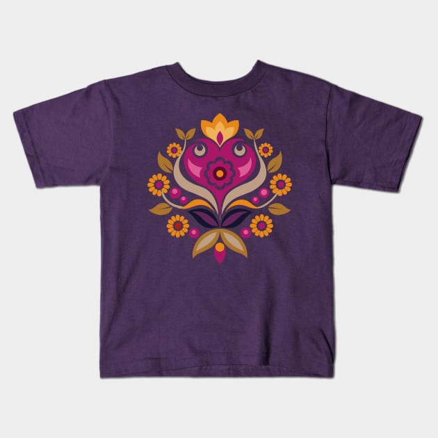 Norwegian Rosemaling Purple Folk Art ornament Kids T-Shirt by craftydesigns